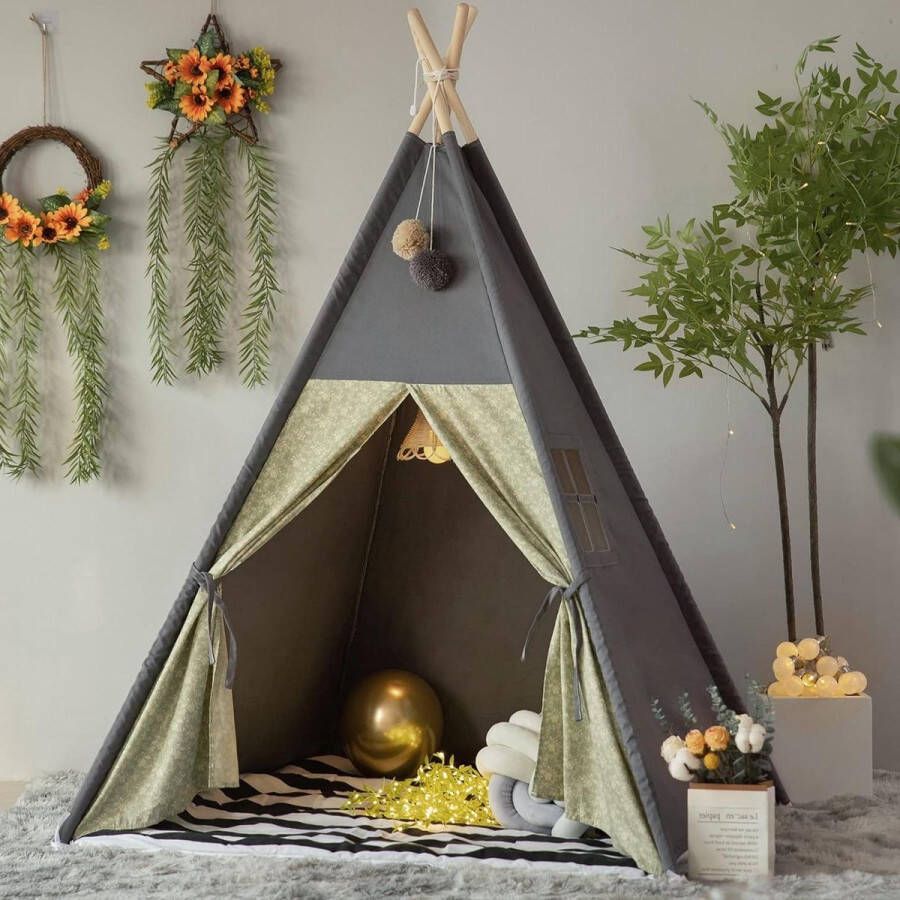 Speeltent Teepee Tent for Kids with Padded Mat Foldable Dark Color Play Tents for Girl and Boy Indoor and Outdoor Playhouse