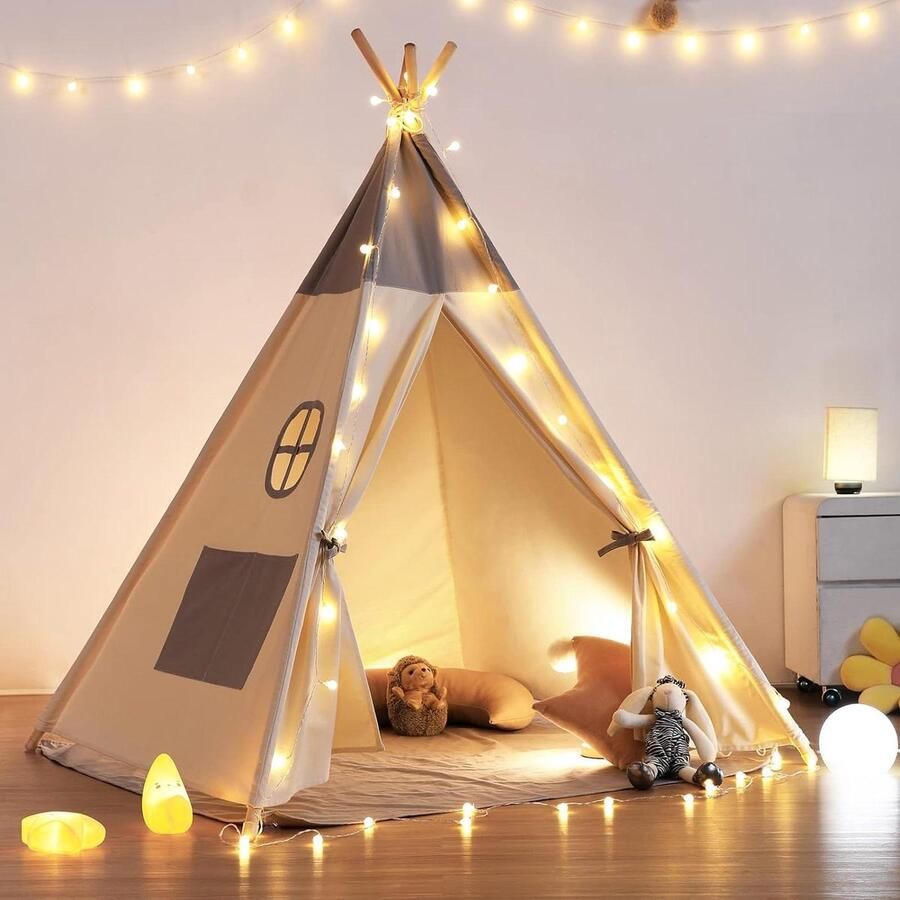 Speeltent Tipi Kinderen met Raamvlaggen Draagtas Grijs