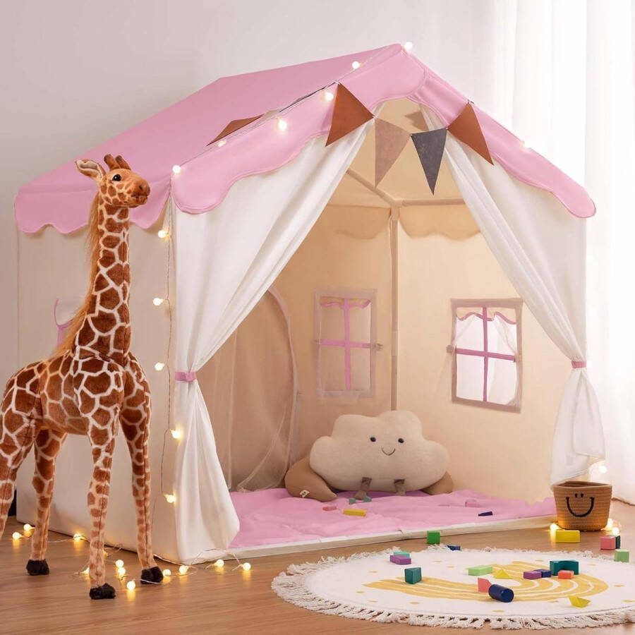 Speeltent voor Kinderen 2-in-1 kinderspeelhuis met mat en verlichting prinses kinderkamer decoratie roze