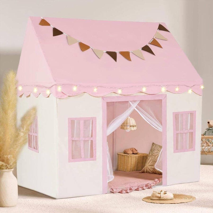 Speeltent voor Kinderen Binnen met Verdikte Kruipmat Kogellampen en Wolkenornamenten Roze Wit