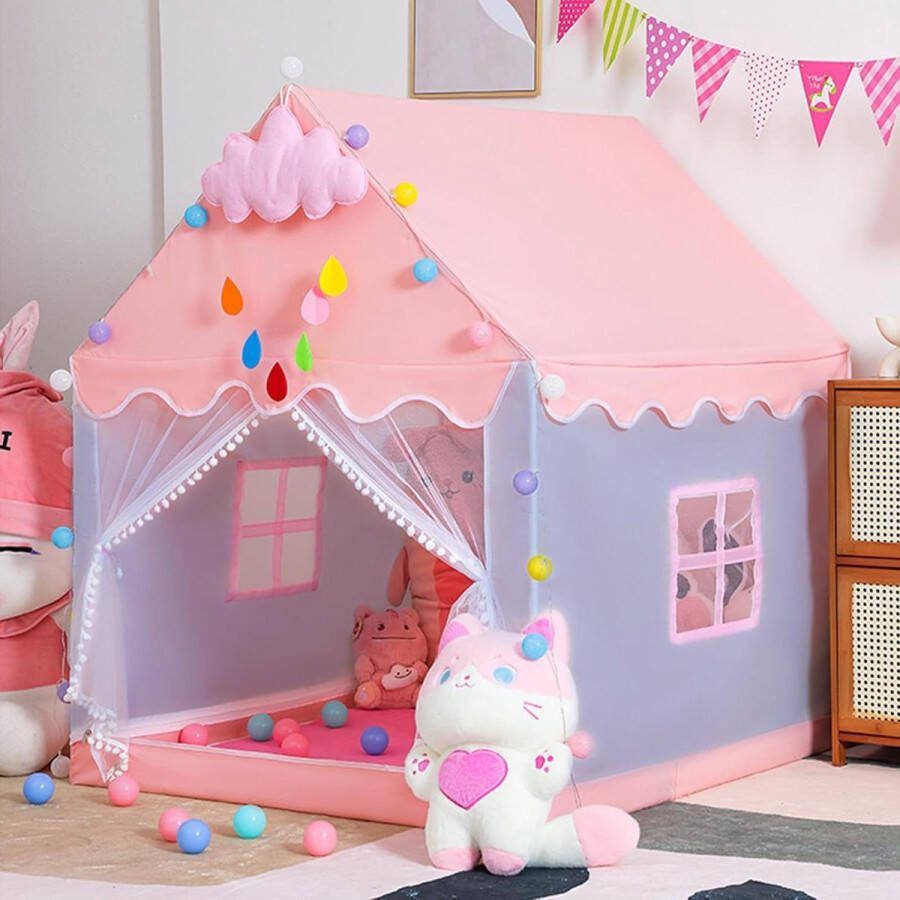 Speeltent voor Kinderen Indoor Roze en Blauwgrijs met Verdikte Kruipmat Kogellichten en Wolkenornamenten