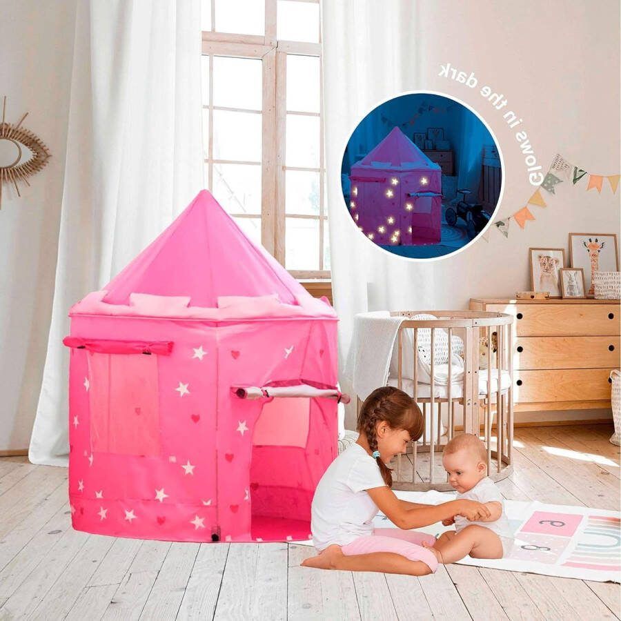 Speeltent voor Kinderen Meisjes Peuter Glow in the Dark Prinses Kasteel Pop Up Opvouwbaar Binnen & Buiten Rosa Fluor