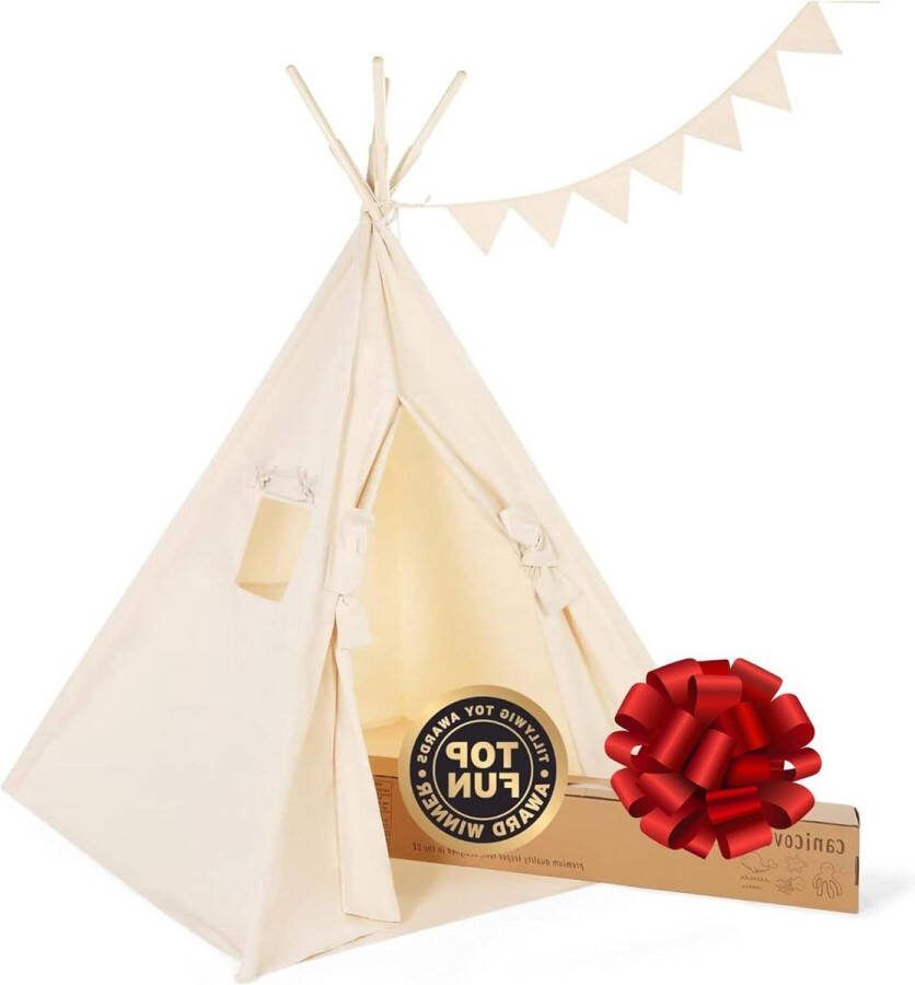 Speeltent voor Kinderen Opvouwbare Indoor & Outdoor Kids Tipi Tent Zeildoek Wit Natuurlijke Kleuren Massief Houten Palen Vlaggen Machine Wasbaar Niet-Recht