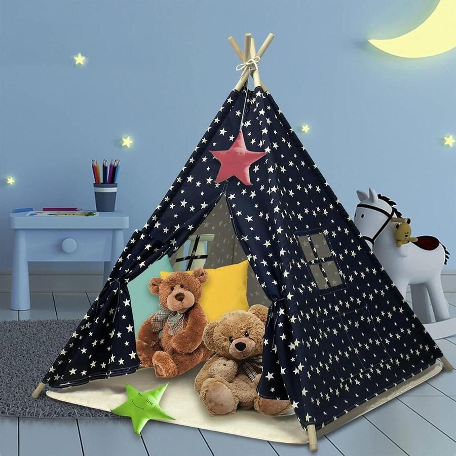 Speeltent voor Kinderen Opvouwbare Speeltent voor Jongens en Meisjes Tipi Tent Pluche Mat Binnen en Buiten Marineblauw