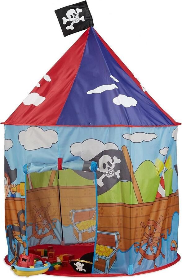 Speeltent voor Kinderen Piraten Speeltent vanaf 3 jaar H x Ø 130 x 100 cm voor Jongens Kindertent met Vlag Speelhuis Rood-Blauw