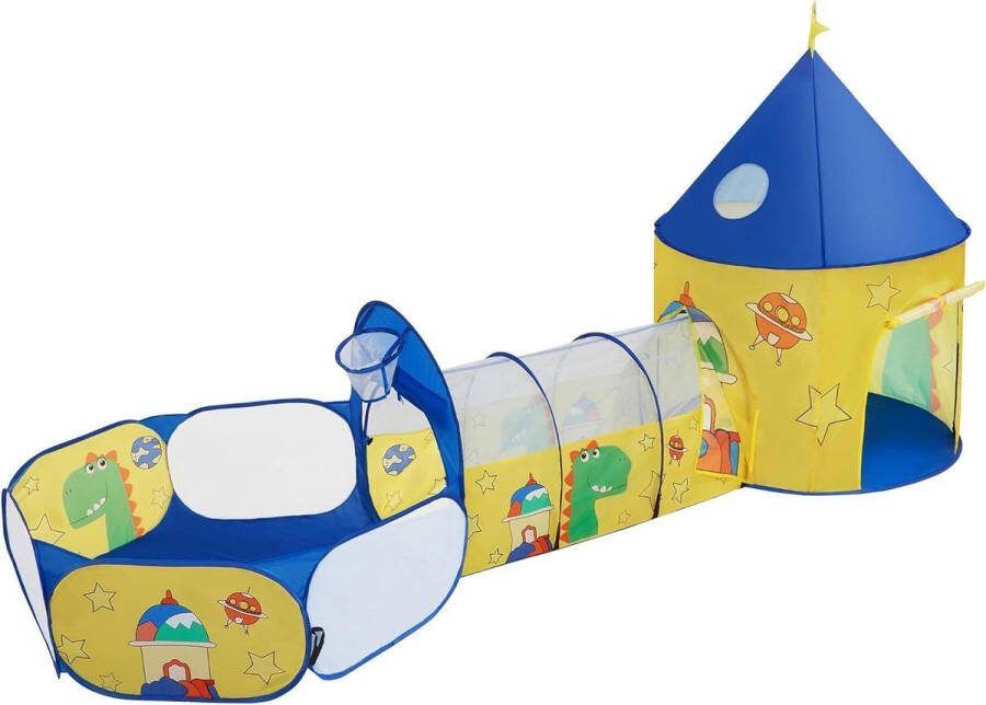 Speeltent voor Kinderen Pop-Up Kinderbox Tent Tunnel Ballenbad Dinosaurus Ruimte Geel en Blauw LPT702Y01