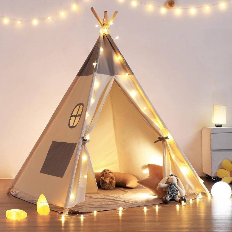 Speeltent voor Kinderen Tipi Kinderen met raamvlaggen draagtas grijs