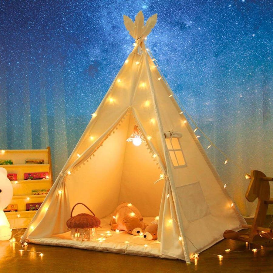 Speeltent voor Kinderen Tipi-tent 100% katoen Knuffelmat Draagtas Veerversiering Stabiel Theepee Binnen Buiten Speelhuis Meisjes Jongens