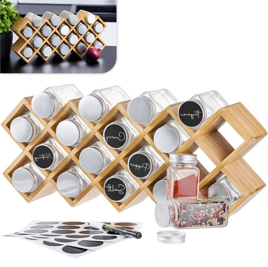 Spice Rack Standing Glass Jars with Lid Bamboo Set including Shaker Stickers Sprinkle Lid and Pen