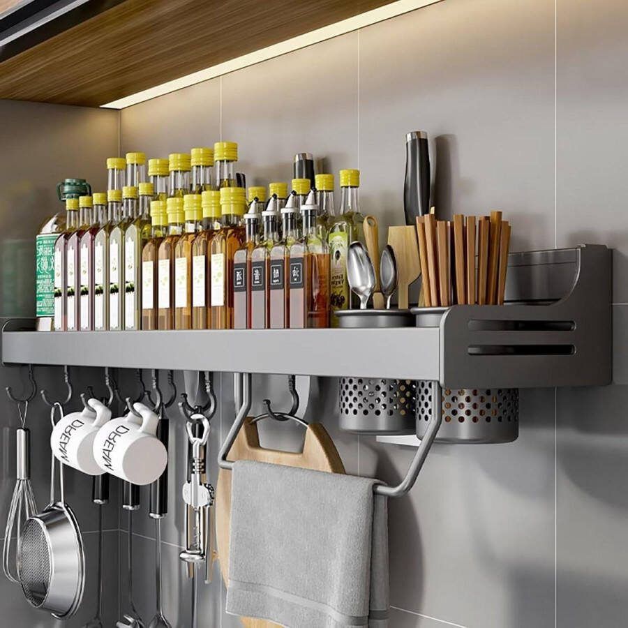 Spice Rack Wall Metal No Drilling with Towel Holder and 6 Hooks Hanging Spice Rack for Knives Chopsticks and Spoons Grey 40 cm