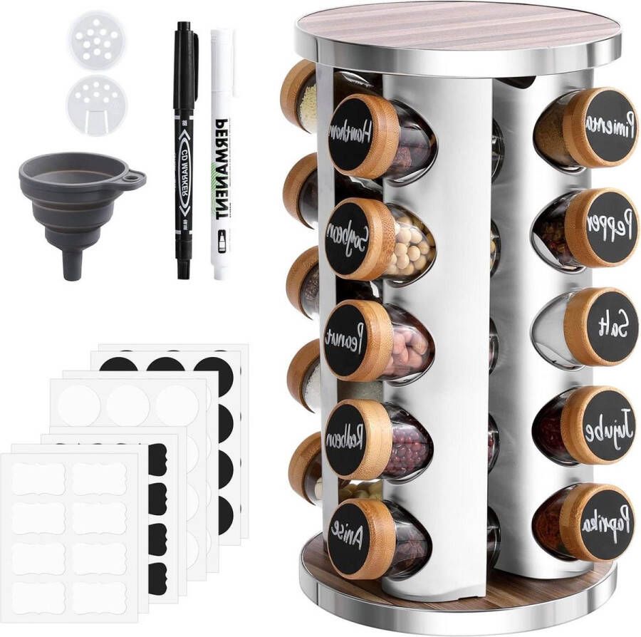 Spice Rack with 20 Bamboo Spice Jars Stainless Steel Carousel 360° Rotating Organizer without Drilling Storage of Herbs