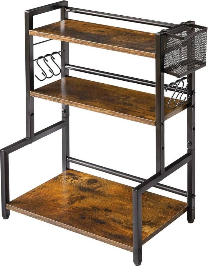 Spice Rack with Metal Basket and 6 Hooks 3 Tier Kitchen Organizer for Countertop Bathroom Rustic Brown HSR006H