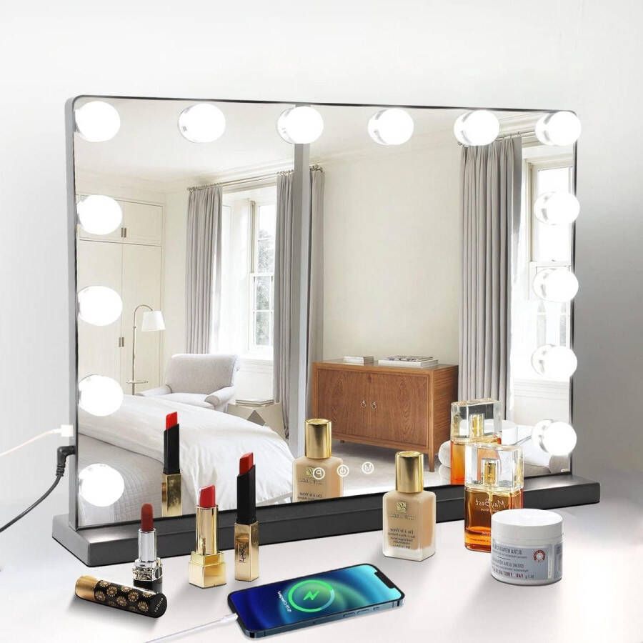 Spiegel met verlichting voor make-uptafel dimbare ledlampen Hollywood USB 3 kleurtemperatuur zwart 50 x 40 cm
