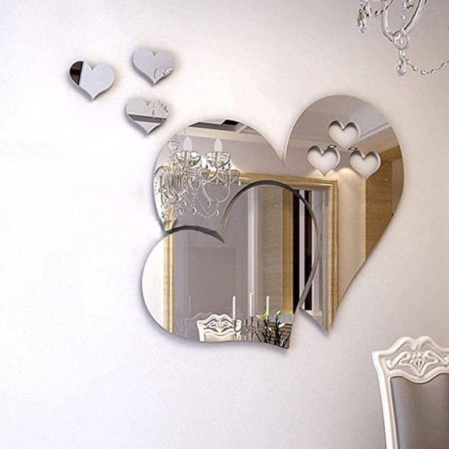 Spiegel muurstickers 3D kristal dubbel liefde hart acryl DIY kunst wandtattoos huis woonkamer badkamer tv-achtergrond decor 10 stuks 2 sets (zilver)