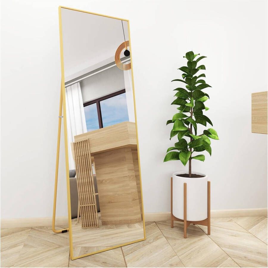 Spiegel voor het hele lichaam 140 x 50 cm met gouden metalen frame staande spiegel HD grote wandspiegel met haak voor woon- slaap- en kleedkamerspiegel