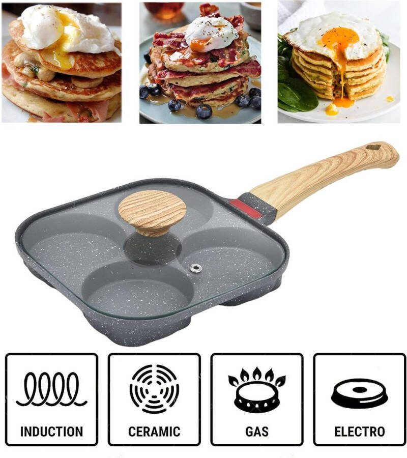 Spiegeleipan met deksel 4 kopjes anti-aanbakpan eierpannen met deksel pannenkoekenpan van aluminium gedeelde ontbijtkoker geschikt voor gasfornuis en inductiekookgerei