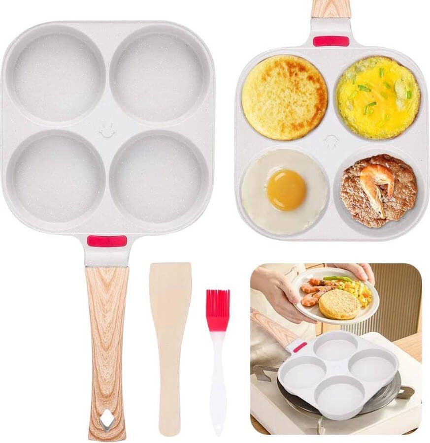 Spiegeleipan pancakepan met 4 gaten anti-aanbaklaag aluminium spiegeleipan inductie multifunctionele ontbijtpan eierpan omeletpan voor inductiekookplaat gasfornuis wit