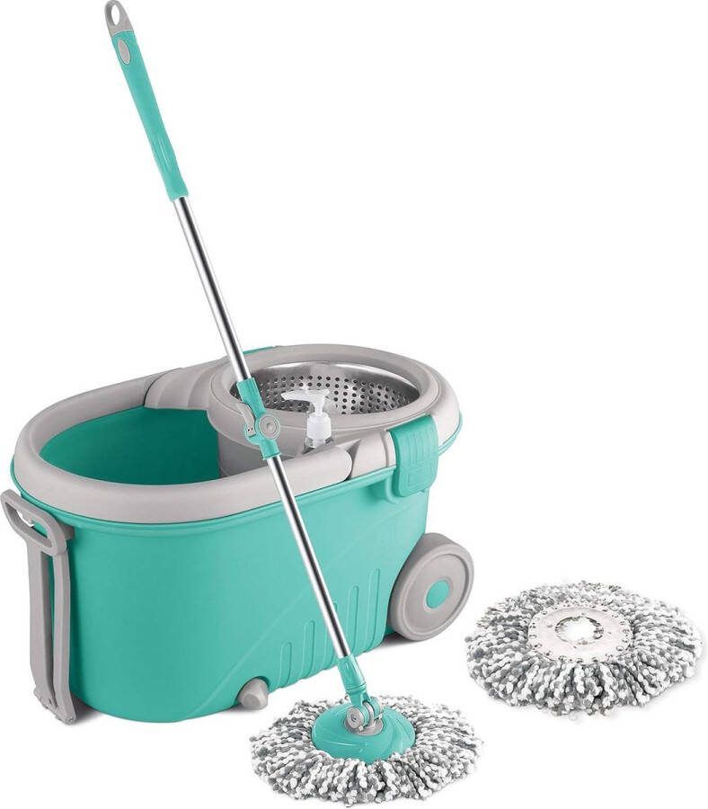 Spin Mop Emmer op Wielen Uitschuifbaar Handvat Stalen Wringer Set 360 Draaibare Mop Vloer Reiniging & Dweilen Systeem met Vloeibare Dispenser Inclusief 2 Microfiber Vullingen