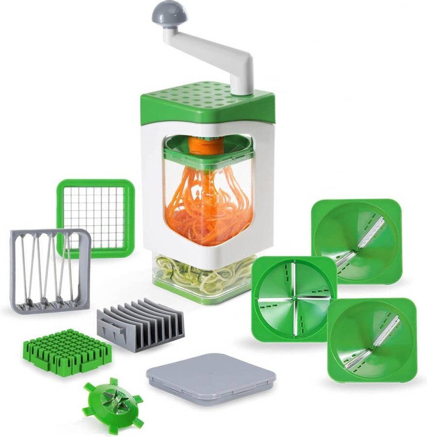 Spiraalsnijder 13-delig Zoodle Maker + dobbelsnijder in een set voor spiralen en dobbelstenen bevat 7 snijinzetstukken en opvangbak 1200 ml groen
