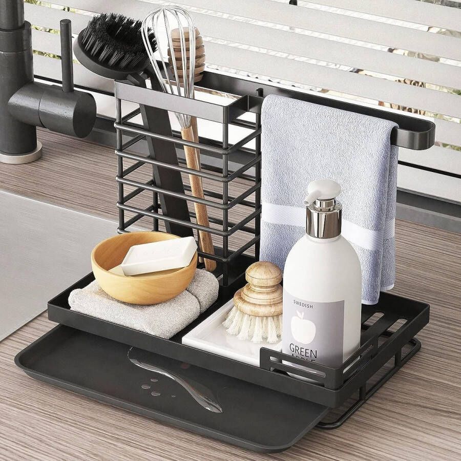 Spoelbak Caddy Organizer gootsteen lappenhouder voor keuken badkamer (zwart)