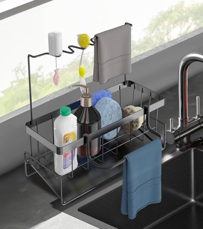 Spoelbak caddy organizer zwart taart wastafel organizer roestvrij staal keukenspoelorganizer gootsteenorganizer wand met sponshouder vaatdoekhouder afvoerpan voor badkamer keuken