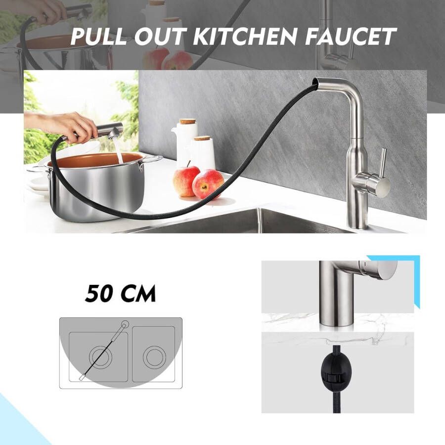 Spoelbak Kraan Keuken met Sproeier uittrekbaar Keukenkraan Eengreeps Mengkraan Hogedruk Spoelbak Kraan met Magneet 2-Functie 360° draaibaar van geborsteld