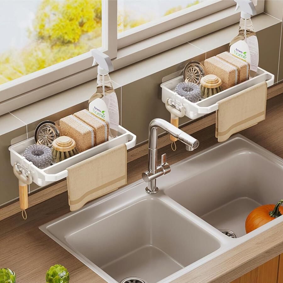 Spoelbak-organizer 2 stuks sponshouders keuken spoelbakorganizer hangend spoelbak caddy organizer met haak en afvoerpan lijm voor keuken en badkamer vaatdoekhouder