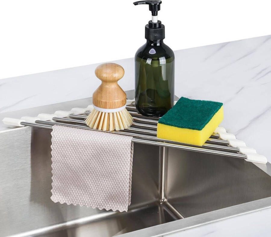 Spoelbak Organizer Driehoek Oprolbaar Droogrek Gootsteen Hoek Klein Opvouwbaar Roestvrij Staal Boven de Gootsteen Multifunctionele Keukenafdruiprek Caddy Organizer Opslag Ruimtebesparende Plankhouder