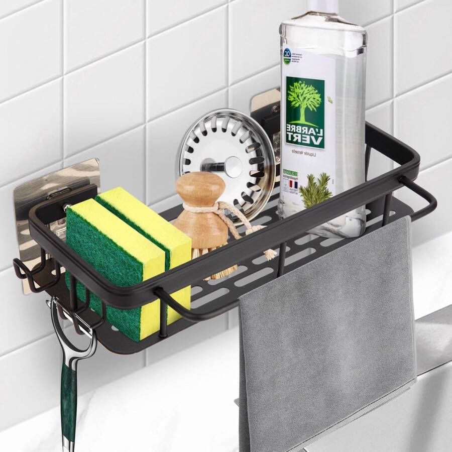 Spoelbak-organizer keukenorganizer metalen sponshouder hangende spoeldoekhouder zonder boren gootsteenorganizer voor keuken badkamer (zwart)