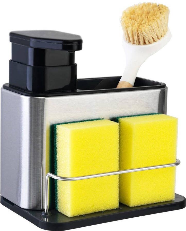 Spoelbak-organizer met geïntegreerde zeepdispenser antislip afwasmiddeldispenser keukenset met sponshouder en borstelhouder zeepdispenser-organizer 320 ml capaciteit roestvrij staal