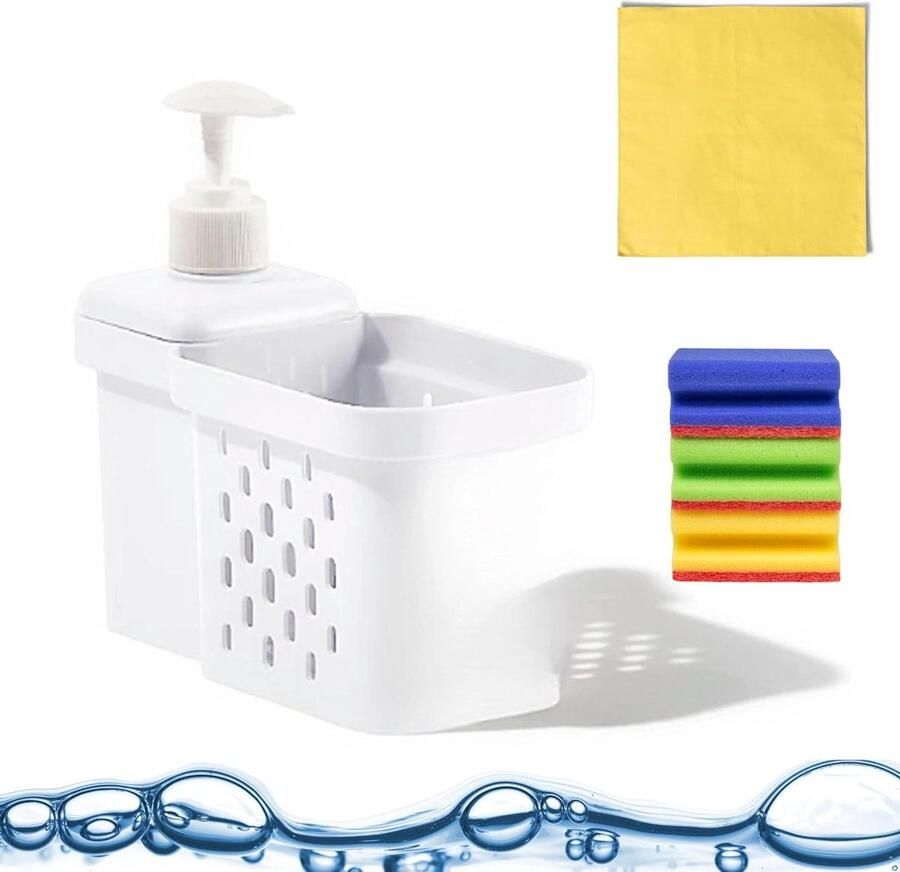 Spoelbak Organizer met schuurspons en doek keuken zeepdispenser afdruiprek vaatdoekhouder