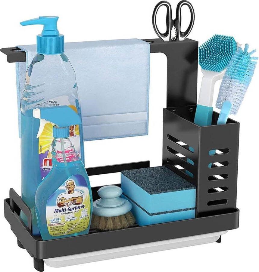 Spoelbak Organizer Nette keuken Sponshouder Gootsteenaccessoires Borstelhouder Afvoerbakje en Doekenrekje (zwart)