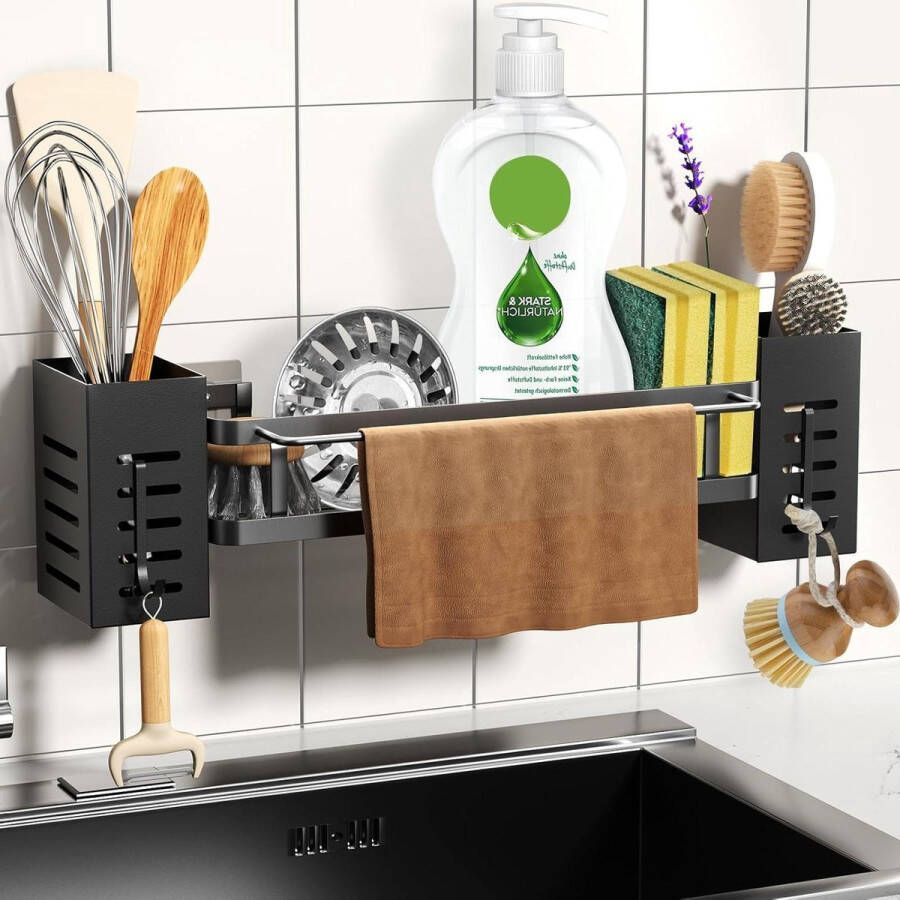 Spoelbak Organizer Roestvrij Staal Hangende Keukenorganizer met Uitneembare Opbergdoos Sponshouder en Haken Gootsteenorganizer voor Keuken en Badkamer zonder Boren