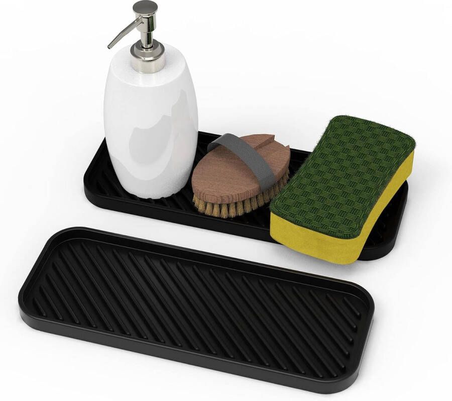 Spoelbak-organizer siliconen sponshouder keuken-badkamerorganizer afdruipmat voor sponzen afwasmiddelen zeep en borstels enz. (2 x zwart)