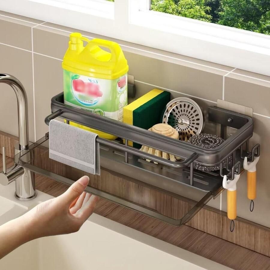 Spoelbak-organizer sponshouder zwart roestvrij staal met afvoerpan geen boren nodig Sink organizer