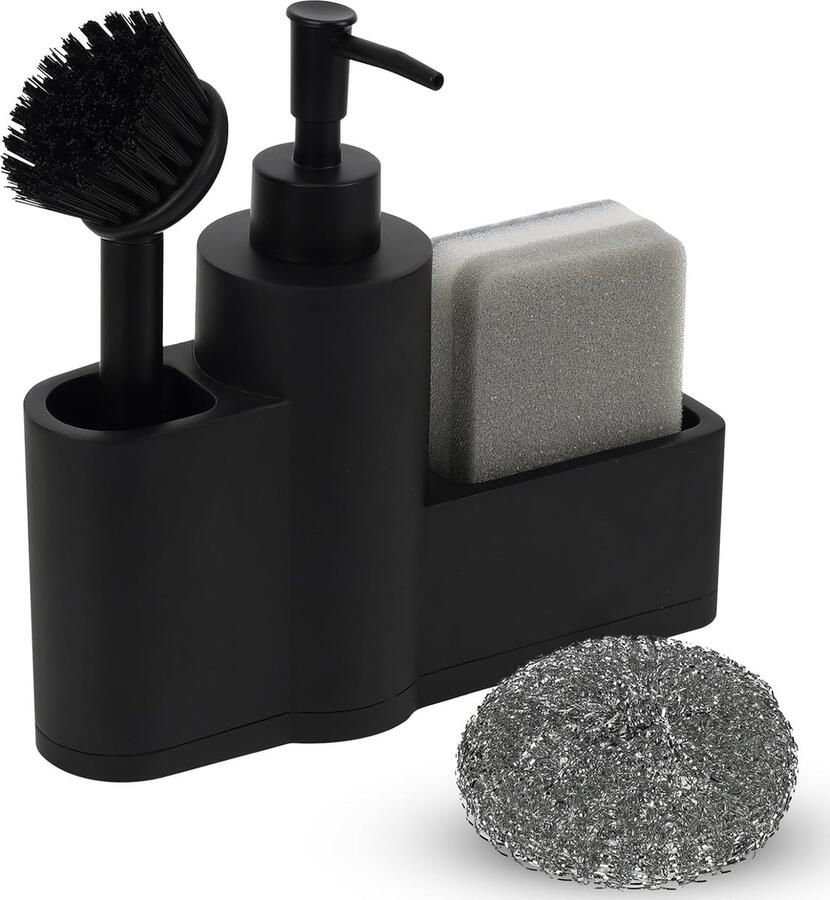 Spoelbak-organizer zeepdispenser spoelspons met borstel reinigingsborstel van roestvrij staal en spons wastafelorganizer keuken spoelorganizer keuken (zwart)