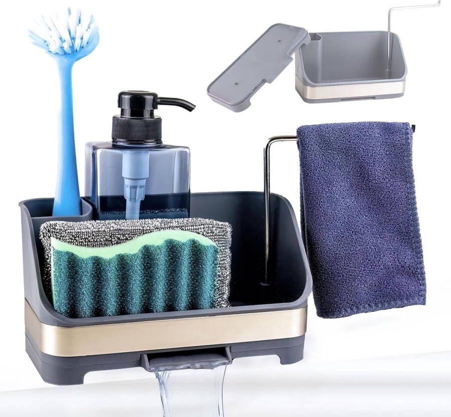 Spoelbak-organizerset incl. zeepdispenser vaatdoek afdruipbak overloop en handdoekhouder Sink Caddy voor keuken en badkamer voor het opbergen van gebruiksvoorwerpen kunststof en roestvrij staal