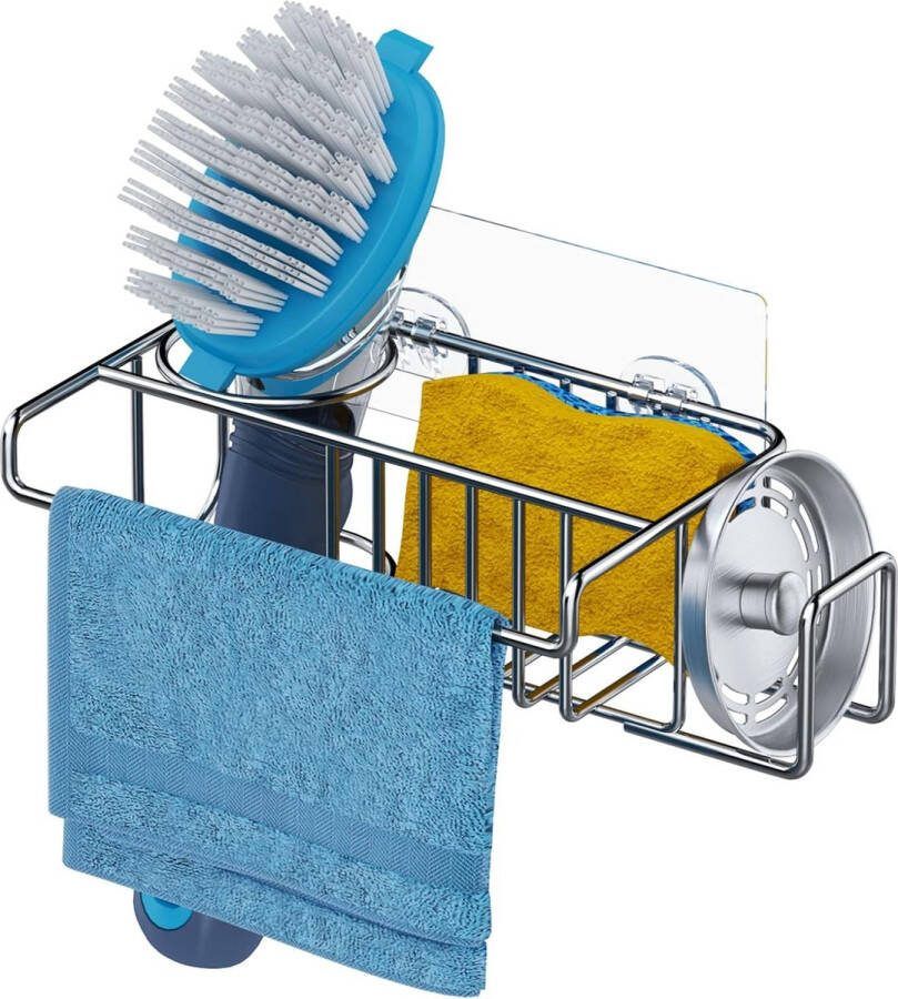 HapiRm Sink Organiser 4 in 1 Sink Organiser Stainless Steel Sink Organiser Wall Silver Sink Organiser Hanging for Sponge Brush Sink Plugs and Cloths 2 Adhesives