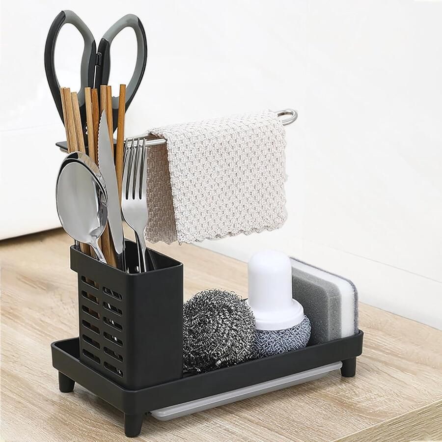 Spoelbakorganizer afwasorganizer met afdruipbak spoelbakorganizer zwart roestvrij staal sponshouder spoelbak gootsteenorganizer voor gootsteenhouder keukenorganizer