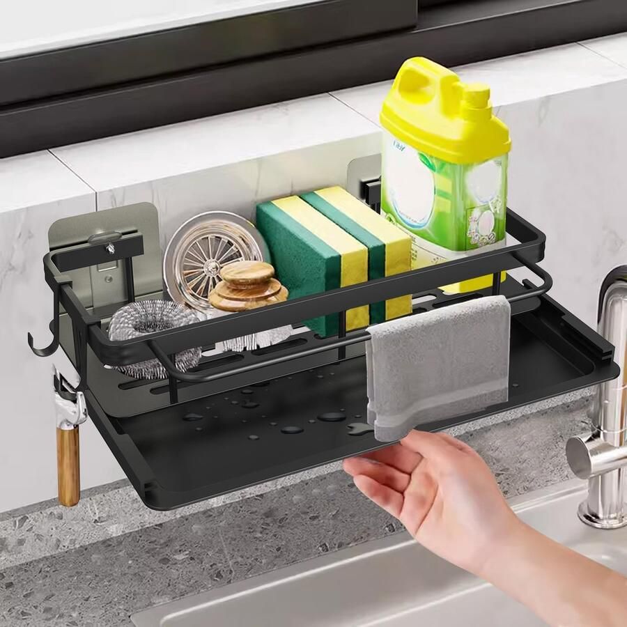 Spoelbakorganizer hangend voor keuken sponshouder spoelbak geen boren aan de muur hangend keuken caddy keuken gootsteen badkamer organizer met afvoerpan vaatdoekhouder haak