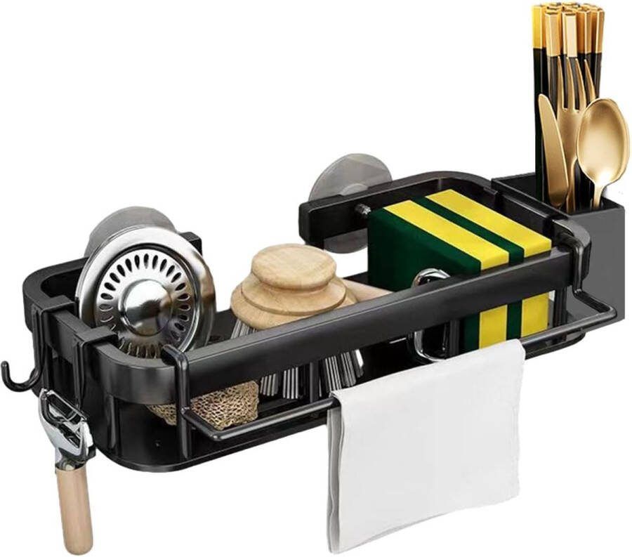 Spoelbakorganizer hangende sponshouder spoelborstelhouder spoelorganizer keuken roestvrij staal met staafjeshouders handdoekhouder haken geen boren keuken caddy