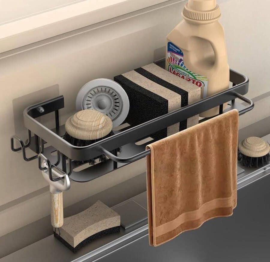 Spoelbakorganizer keukengootsteenorganizer keuken met handdoekhouder en twee haken metalen spoelbakorganizer keuken badkamer zonder boren (zwart)