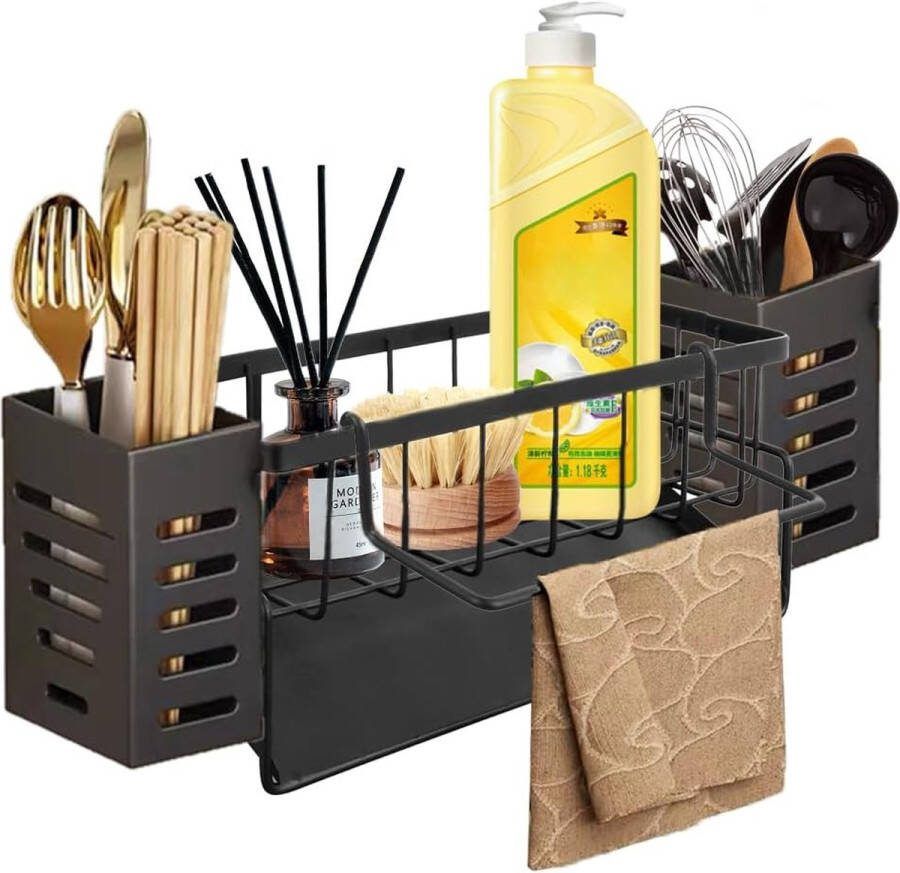 Spoelbakorganizer keukenorganizer spoelbak met zelflozend opbergvak met handdoekhouder en opbergdoos voor afwasborstels organizer voor keuken en badkamer (zwart)
