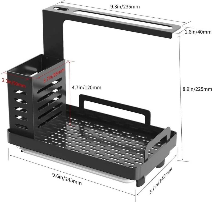 Spoelbakorganizer keukenorganizer voor de keuken caddy opberghulp keukengereihouder roestvrij staal zwart 24.5 x 14.5 x 22.5 cm