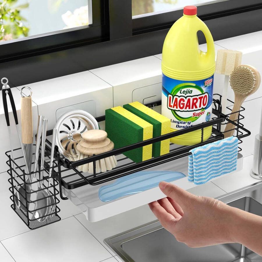 Spoelbakorganizer met 2 staafjeshouders keukenorganizer hangend standaard bij afvoerpan sponshouder keuken gootsteenorganizer met handdoekhouder en haken smal