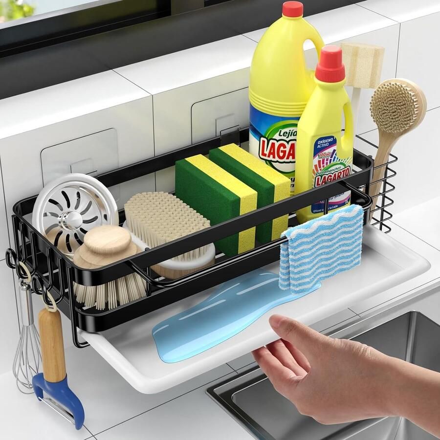 Spoelbakorganizer met afdruipbak keukenorganizer hangend bij afvoerpan sponshouder keuken gootsteenorganizer roestvrij stalen spoelbakorganizer