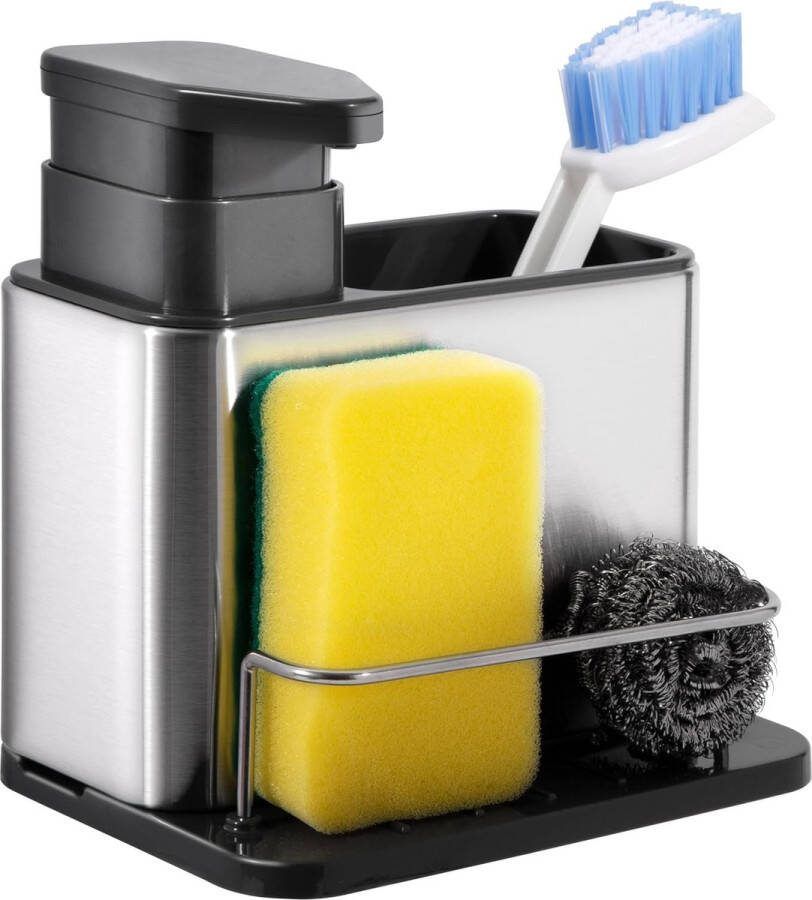 Spoelbakorganizer met afwasmiddeldispenser roestvrij staal zeepdispenser caddy organizer keukenspoelorganizer met druppelbak geschikt voor keukenspoelbak borstels lappen sponzen