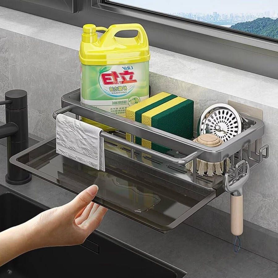 Spoelbakorganizer met sponshouder zwart roestvrijstalen afwasborstelhouder vaatwasser-organizer voor keuken en badkamer afvoerpan grijs met Lijm Geen boren
