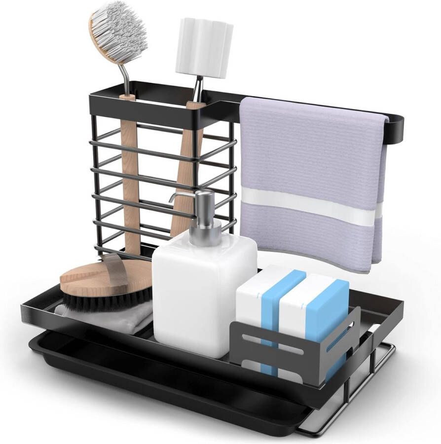 Spoelbakorganizer metalen keukenorganizer sponshouder spoelbakorganizer met lekbak voor keuken gootsteen badkamer zwart
