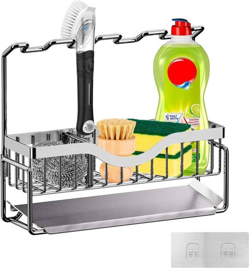 Spoelbakorganizer roestvrij staal wordt geleverd met afvoerschaal sponshouder spoeldoekhouder opbergdoos voor de keukenspoelbak keukenorganizer zilver